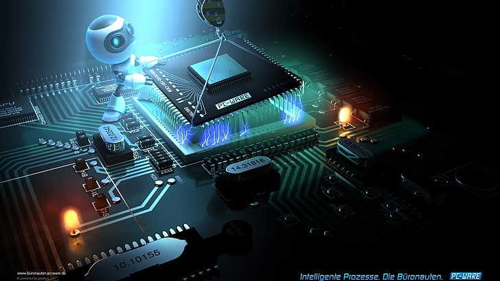 illustration of computer motherboard, microchip, CPU, robot, LEDs