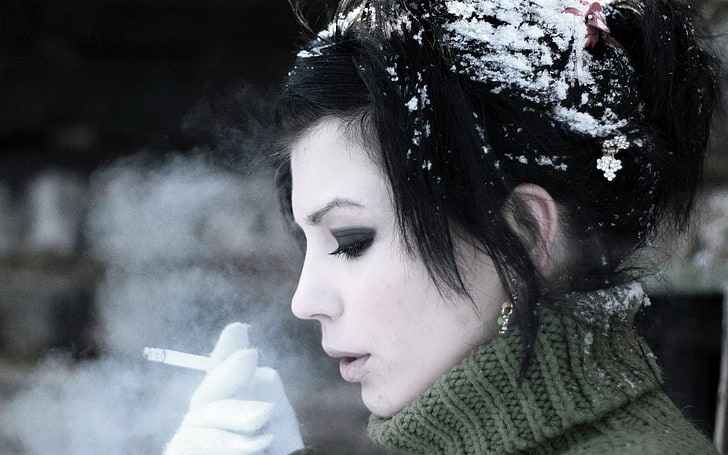 smoking, cigarettes, women, Asian, dark hair, closed eyes, smoke