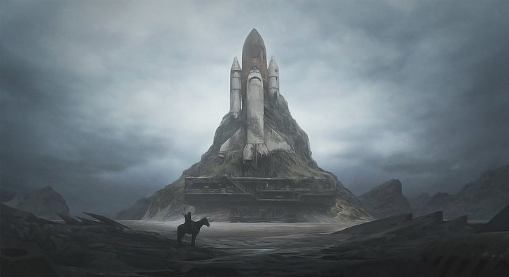 painting of spacecraft, spaceship, sky, fog, architecture, nature