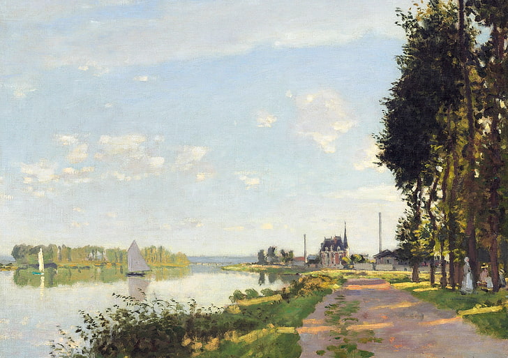 landscape, river, boat, picture, sail, Claude Monet, The walk at Argenteuil, HD wallpaper