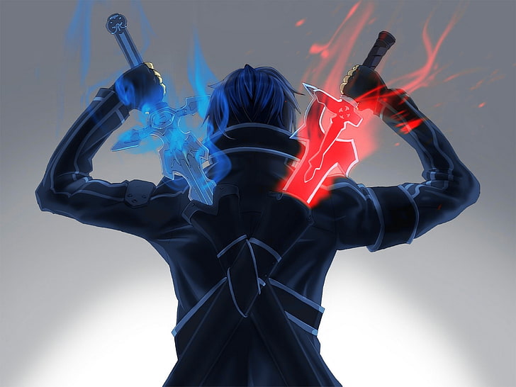 man holding blue and red sword digital wallapper, Sword Art Online