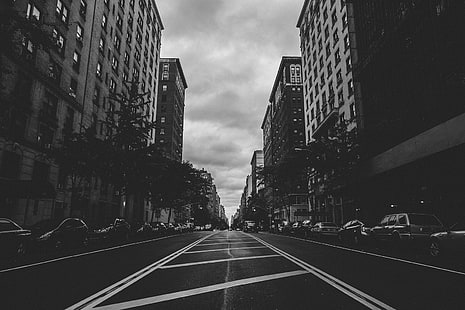 HD wallpaper: City, Street, Cars, Trees, Black And White, city buildings  gray scale photo | Wallpaper Flare