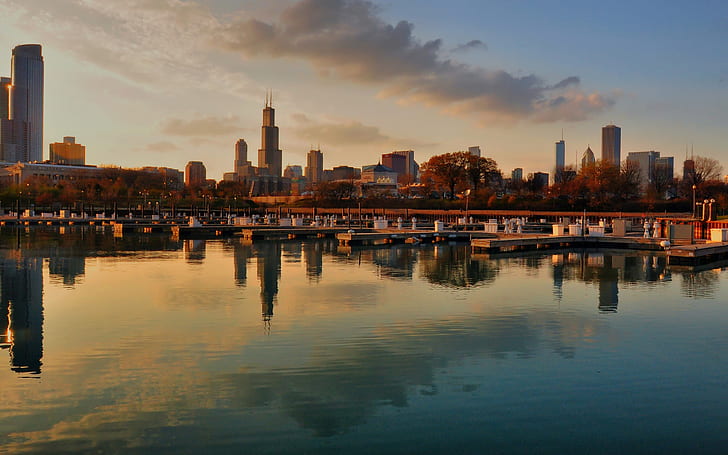 Chicago, USA city, evening skyscrapers, bay, dock