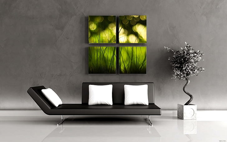 Zen Room, black leather chaise lounge, green, bonsai, sofa, interier