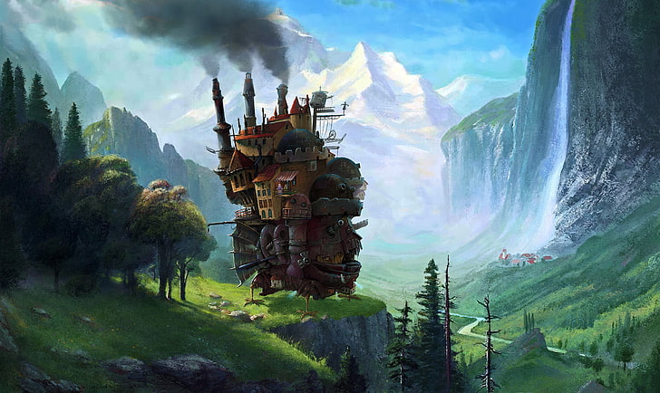 brown tree house illustration, Hayao Miyazaki, Howl's Moving Castle