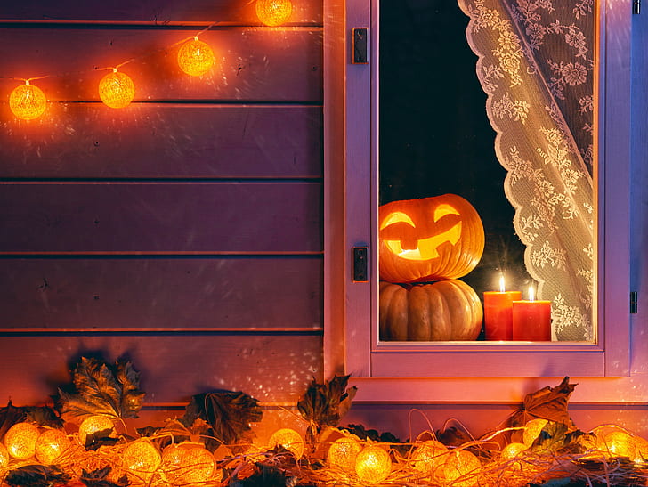 Halloween, autumn, candle, window, pumpkin, Holidays, night