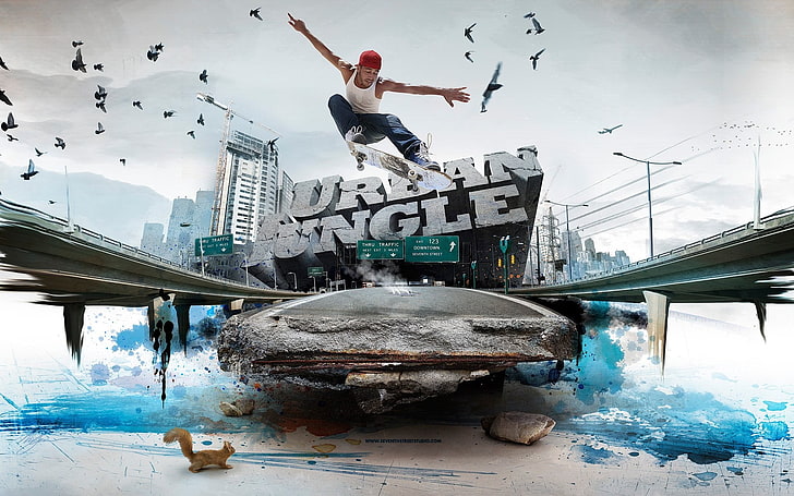Urban Jungle, logo, digital art, men, birds, cityscape, water, HD wallpaper