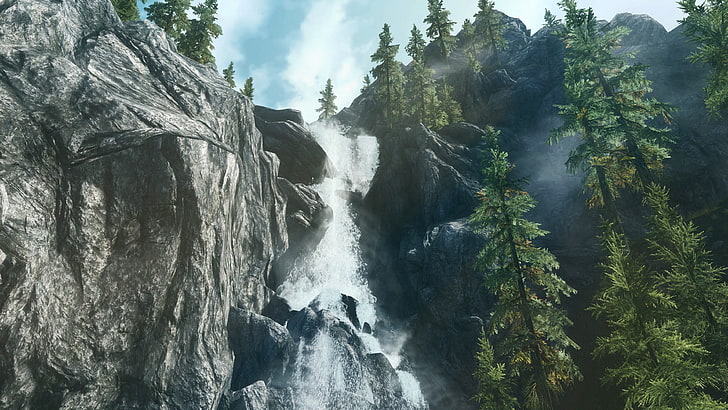 waterfalls, The Elder Scrolls V: Skyrim, nature, beauty in nature, HD wallpaper