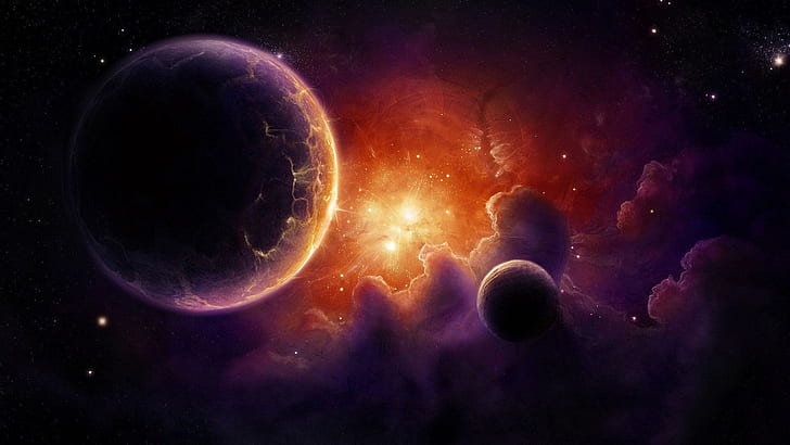 Outer space burst of light, purple black and orange planet, fantasy