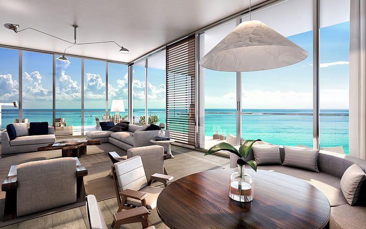 Living Room Beach Residences, ocean, interior, design, HD wallpaper