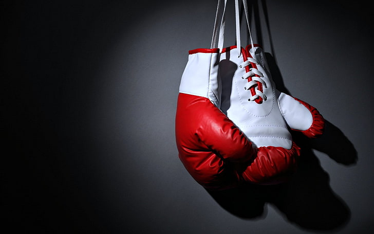 pair of red-and-white boxing gloves, Sports, Fight, boxing - sport