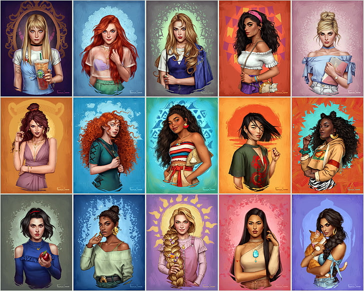 women, blonde, redhead, brunette, short hair, ebony, cat, Disney