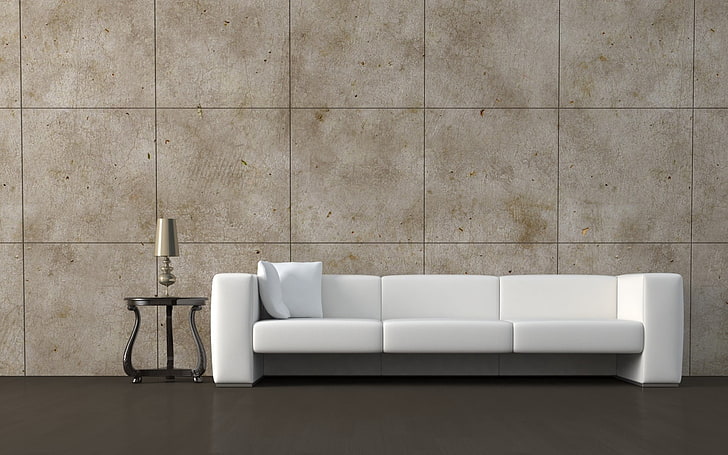 white leather couch, sofa, pillows, table, night, light, domestic Room, HD wallpaper