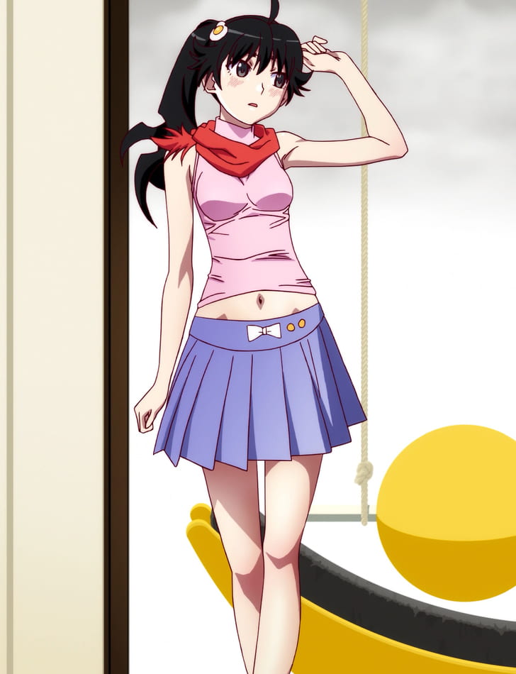 HD wallpaper: skirt, blue eyes, anime, Araragi Karen, tank top, anime girls  | Wallpaper Flare