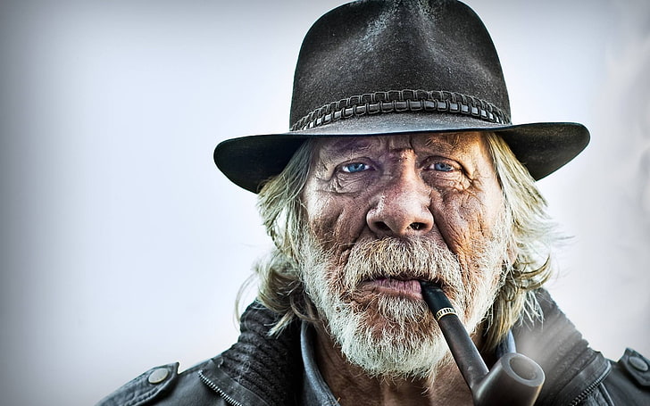 old people, pipes, men, hat, beards, blue eyes, smoking, portrait, HD wallpaper