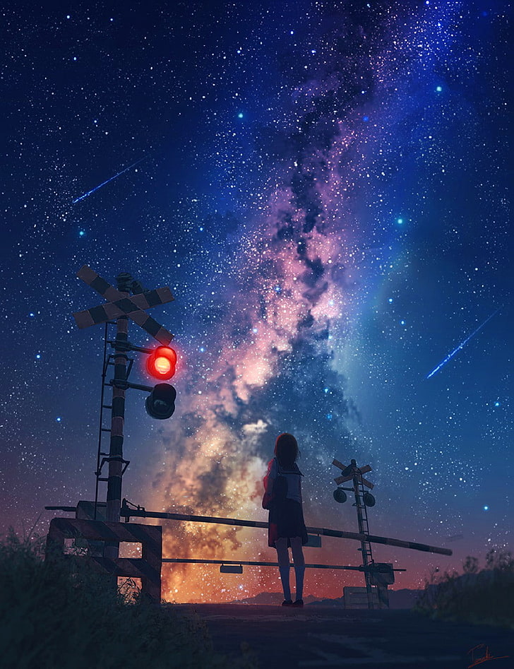 galaxy, railway crossing, shooting stars, anime