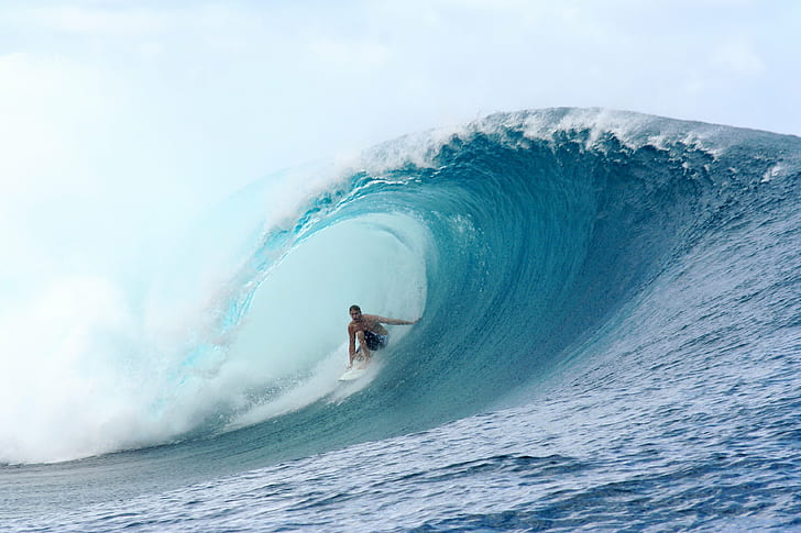 man riding surfboard on sea wave, teahupoo, tahiti, teahupoo, tahiti