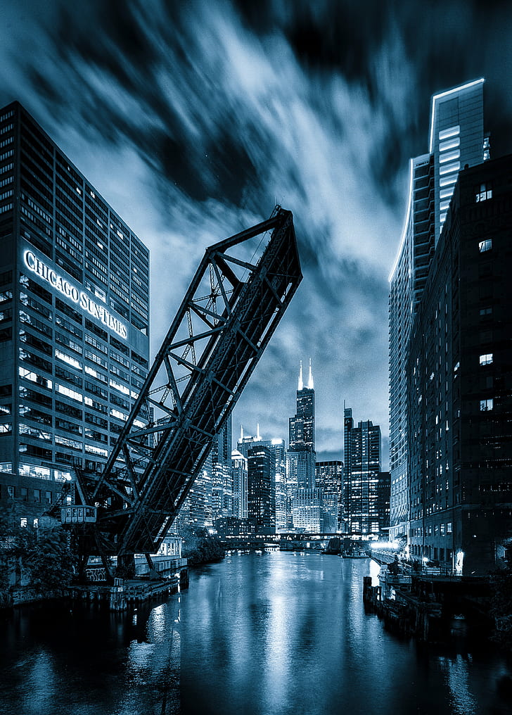 grayscale photo of folding bridge near building, chicago, chicago