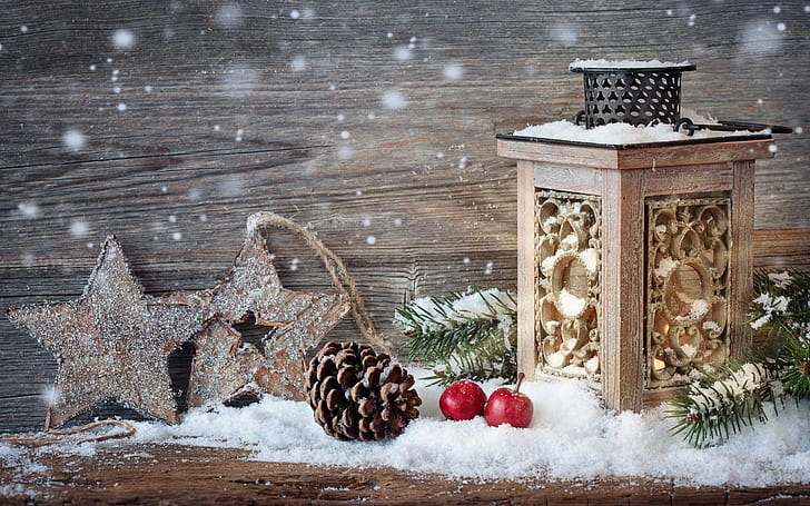 Christmas, New Year, lantern, cones, stars, snow, HD wallpaper