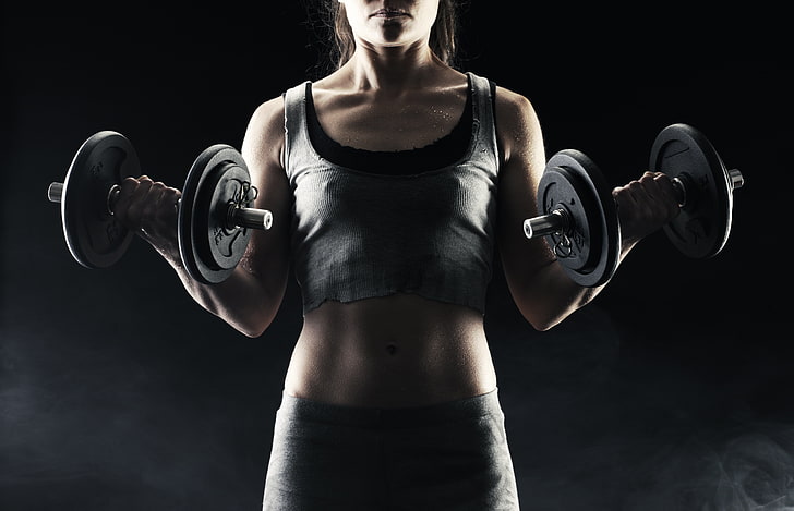 pair of black steel dumbbells, woman, exercise, fitness, torso
