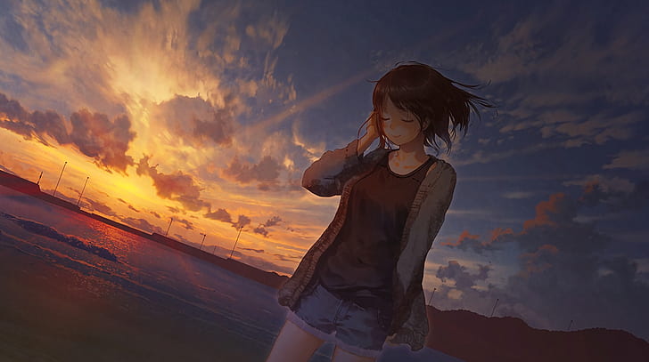 HD wallpaper: beach, sunset, anime girls, sunlight, sky, outdoors |  Wallpaper Flare