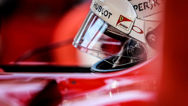 black and white motorcycle helmet, Sebastian Vettel, Ferrari F1, HD wallpaper