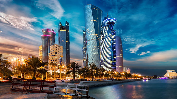 doha, cityscape, skyscrapers, qatar, metropolis, landmark, skyline, HD wallpaper