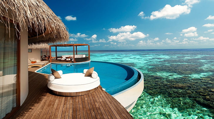 white cuddle chair, Pacific Ocean, hotel, sea, coast, swimming pool, HD wallpaper
