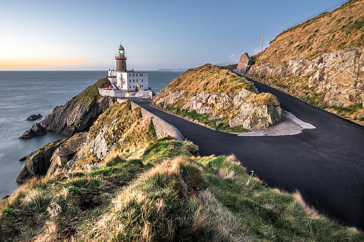 road, sea, stones, rocks, coast, lighthouse, Ireland, Dublin, HD wallpaper