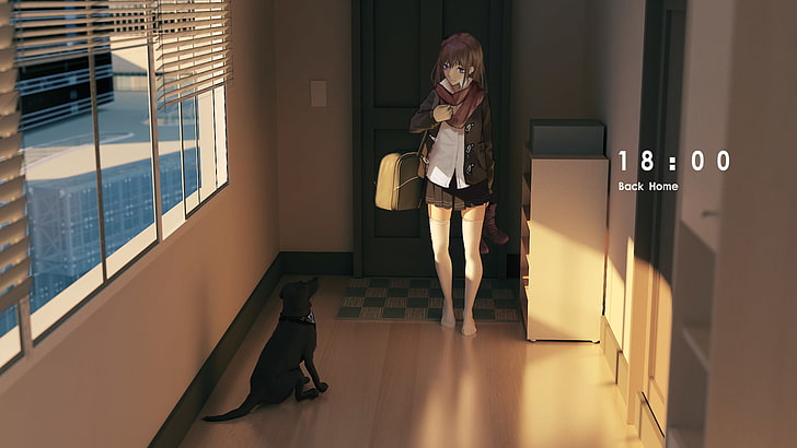 white stockings, anime girls, dog, HD wallpaper