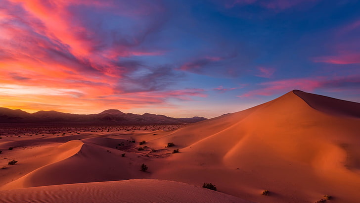 desert illustration, landscape, sunrise, dunes, hills, sky, mountain, HD wallpaper