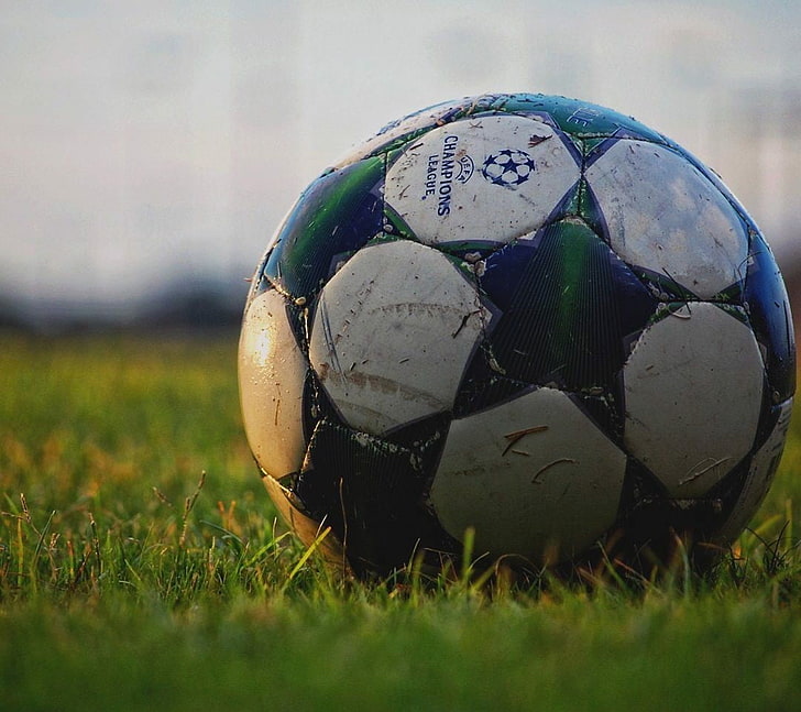 white and green soccer ball, grass, sport, sports equipment, team sport