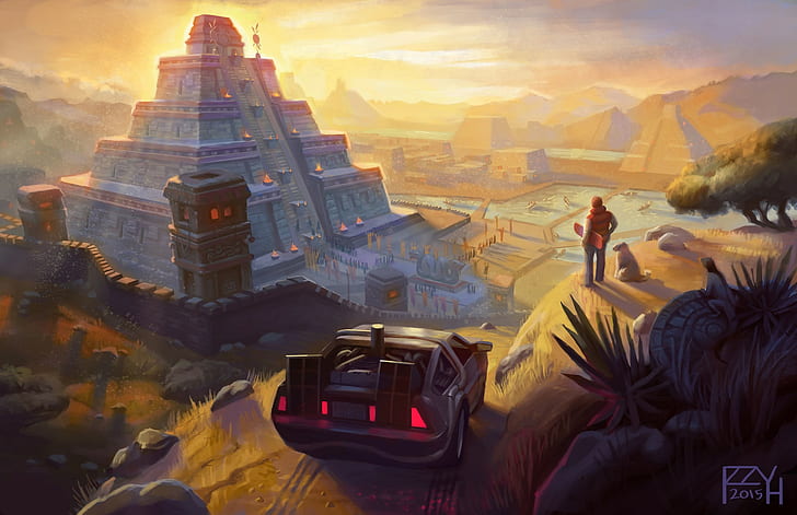 Aztec, watermarked, DeLorean, artwork, pyramid, Maya (civilization), HD wallpaper
