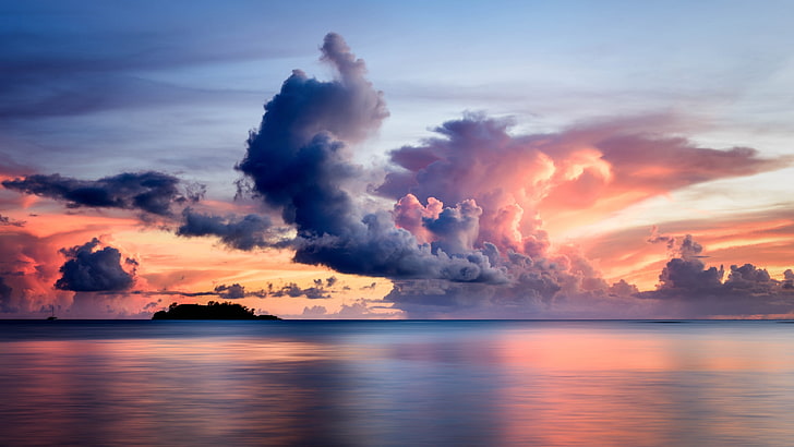 sky, horizon, sea, cloud, sunset, clouds, cloudy, calm, cumulus, HD wallpaper