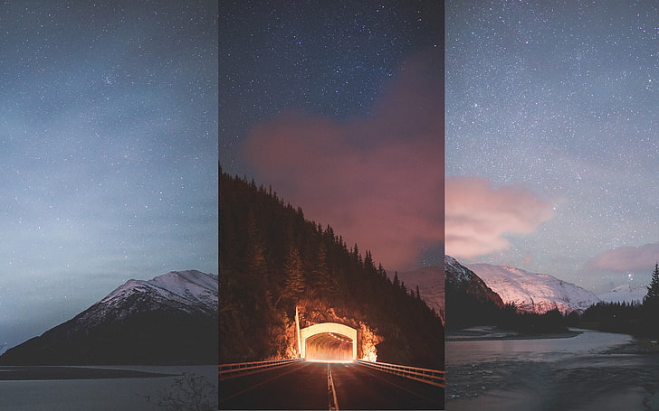 road tunnel, nature, Alaska, winter, landscape, night, stars, HD wallpaper