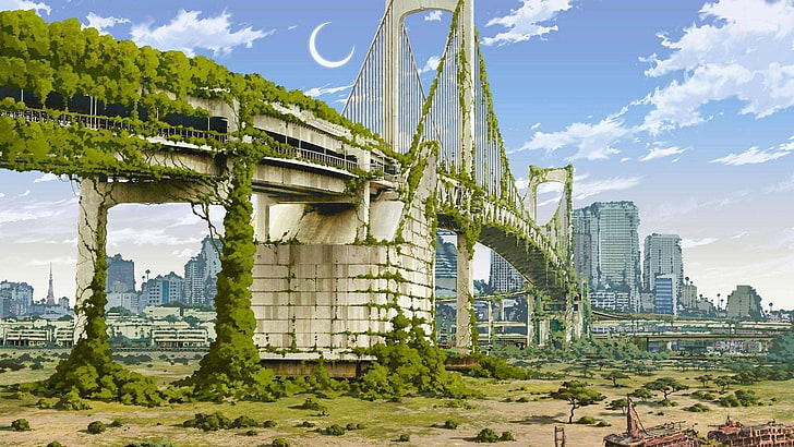 Golden Gate Bridge, New York, anime, artwork, city, nature, Japan, HD wallpaper
