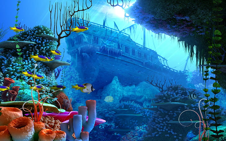 fantasy art, fish, underwater, wreck, HD wallpaper