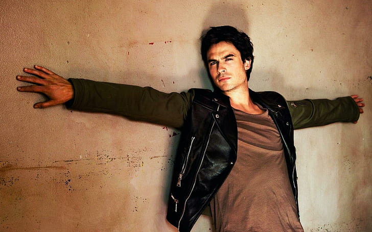 Ian Somerhalder, men's black-and-green leather double rider jacket and brown crew neck shirt