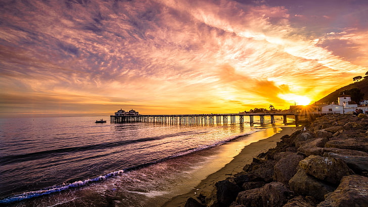 malibu pier, sky, sea, horizon, shore, sunset, coast, cloud, HD wallpaper