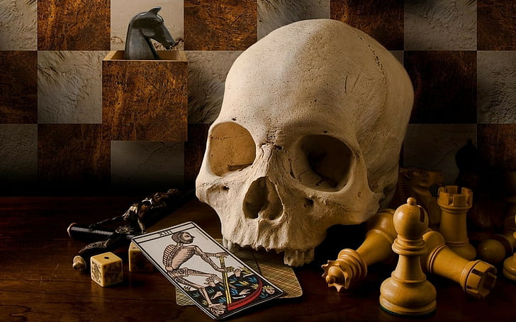 skull death playing cards chess dice pawns teeth horse checkered board games scythe cross jesus christ table wooden surface cube