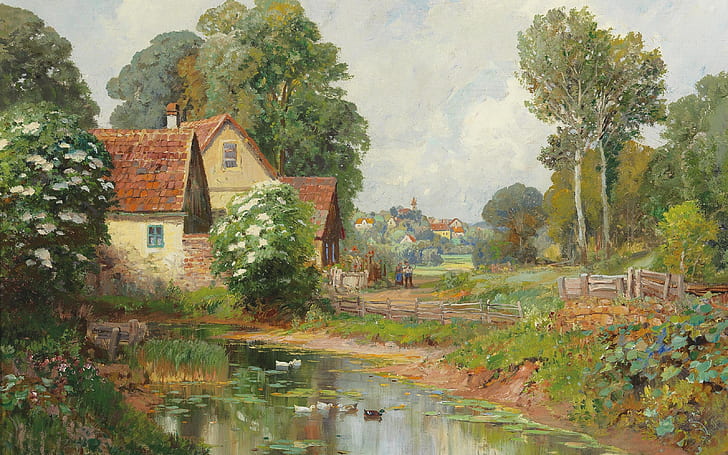Alois Arnegger, Austrian painter, oil on canvas, Landscape with village in the Background, HD wallpaper
