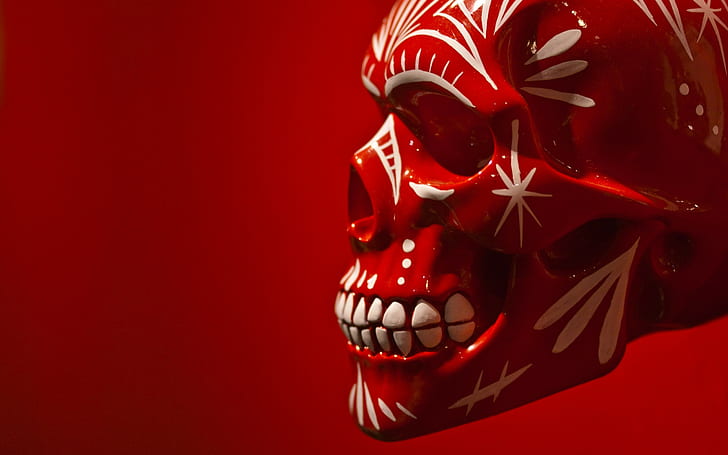 digital art, skull, red background, teeth, profile, ceramics