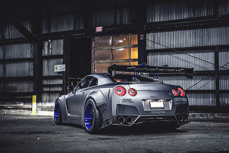 silver Nissan GT-R coupe, Car, Tuning, Wheels, Spoiler, Rear