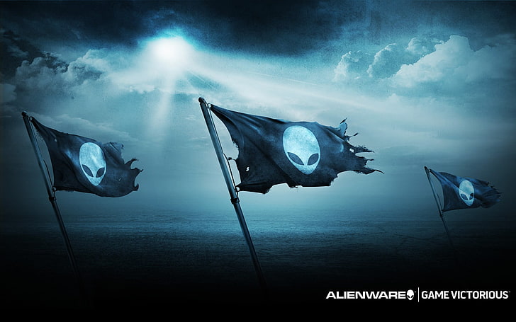 Alienware flags, computer, PC gaming, Skrillex, low angle view
