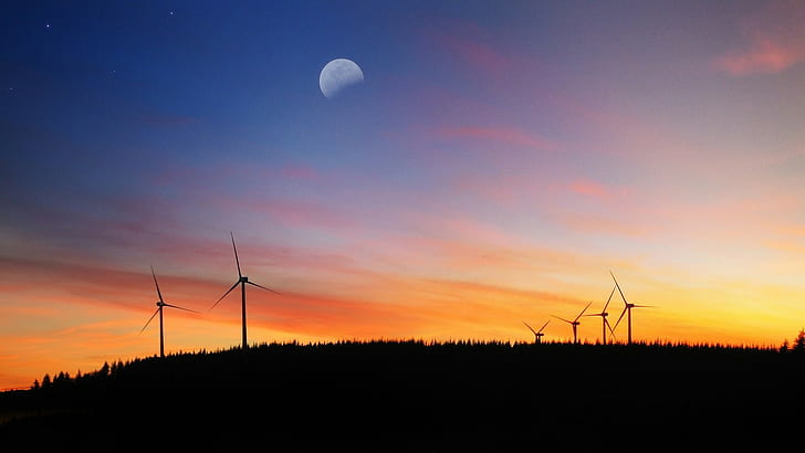 landscape, sunset, wind turbine, wind farm, skyscape, Moon