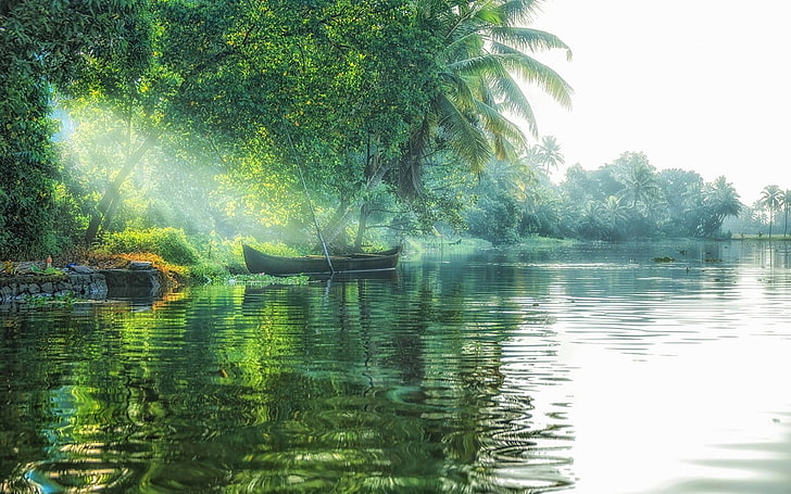 black boat on lake near green leafed trees, landscape, nature, HD wallpaper