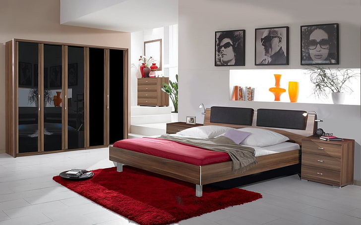 brown wooden bed and red mattress, interior, design, style, home