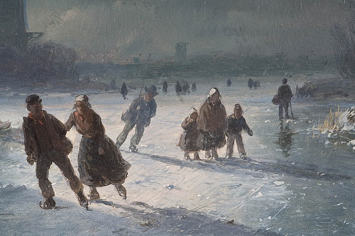 skating, winter, painting, ice, people, classic art, group of people