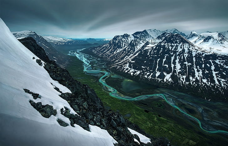 mountains, spring, river, landscape, snowy peak, Sweden, nature, HD wallpaper