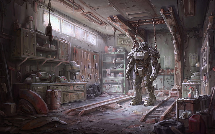 gray steel robot inside room, Fallout 4, concept art, video games